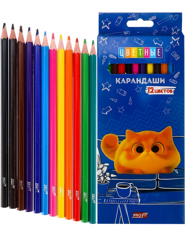 Карандаши цв пл.2М,набор,гекс.12цв. "Котенок Мяу" TM "Profit" гриф.d=2,8мм, в/к 20*8,6*0,8 см