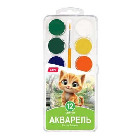 Акварель FUNNY FRIENDS 12 цв., с/к в пластиковой упаковке с крышкой