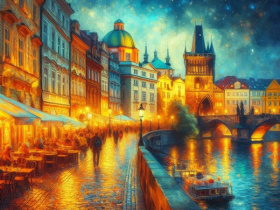 Алмаз мозаика "Вечерняя Прага " (клас.) 30х40 см, с подрамником, с полным заполнением, (30цв.)