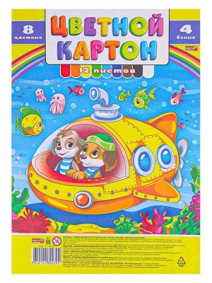 НАБОР ДЛЯ ДЕТ.ТВОРЧЕСТВА Картон цвет А4 12л. ЩЕНКИ ПОД ВОДОЙ КБС, 8цв+4бел