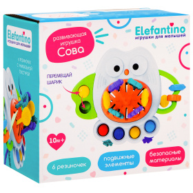 Развивающий игровой центр Сова "Elefantino", 6 резиночек с уникальной текстурой, подвижные детали Развивающий игровой центр Сова "Elefantino", 6 резиночек с уникальной текстурой, подвижные детали